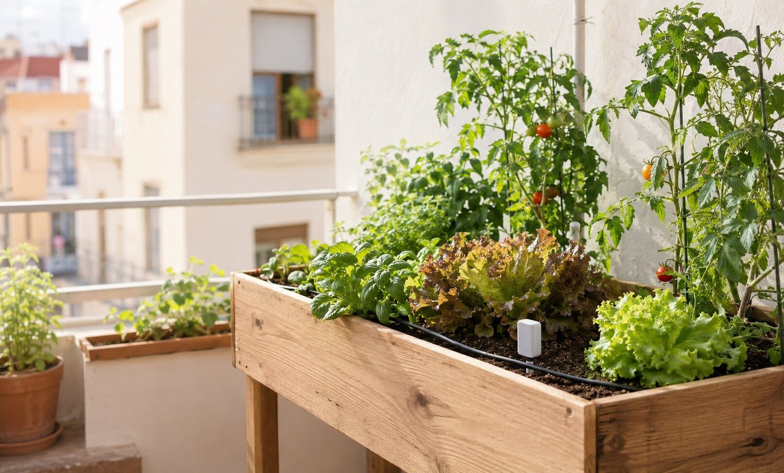 Huerto inteligente con tomates, aromáticas y riego por goteo en un balcón