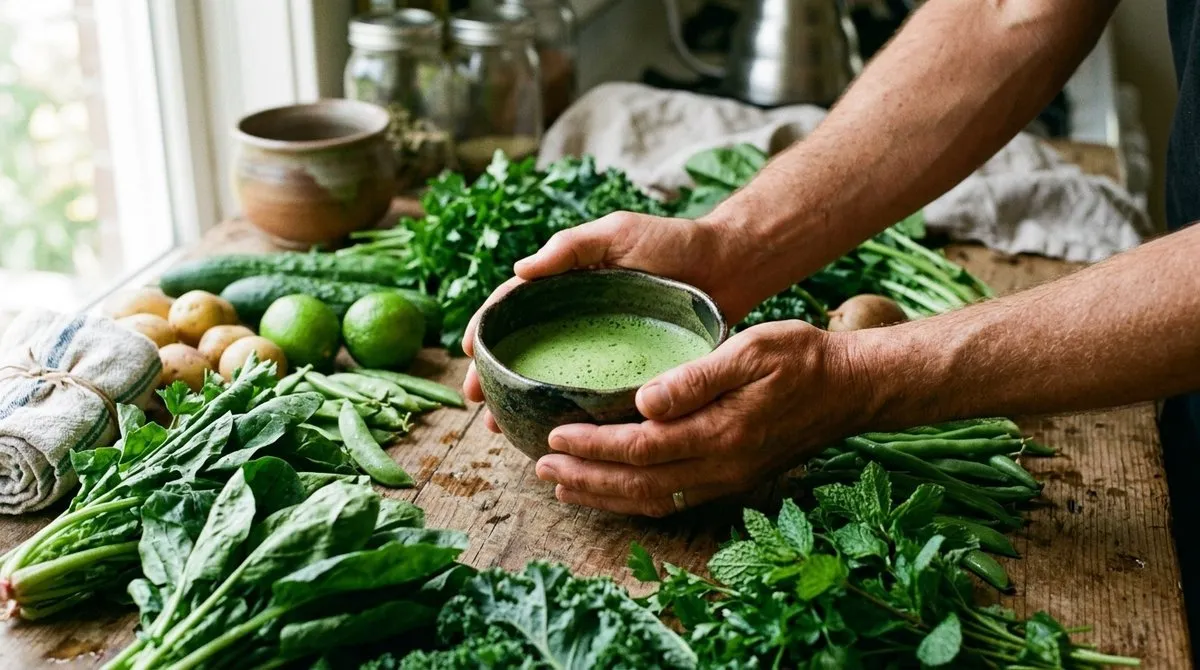 Beneficios para la salud del matcha mostrados con té recién preparado y ingredientes ricos en antioxidantes como espinacas y superalimentos Manos sosteniendo cuenco de matcha preparado rodeado de alimentos antioxidantes y hojas verdes