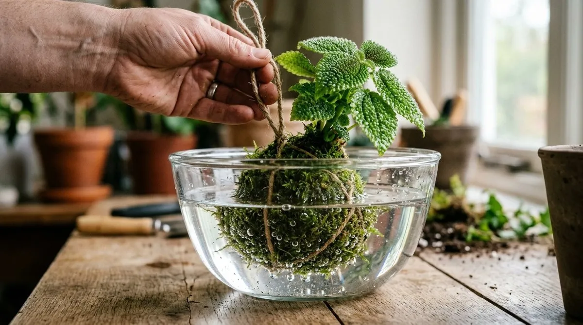 Riego correcto de kokedama por inmersión en agua - Cuidados y mantenimiento de moss ball japonés Técnica de riego por inmersión sumergiendo kokedama en agua con burbujas