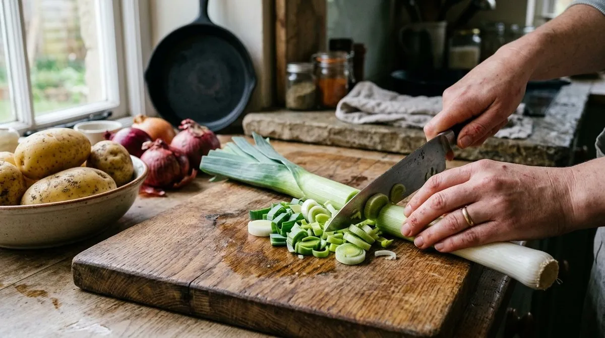 Cocinando puerros para recetas tradicionales españolas - Preparación de porrusalda y empanada gallega con ingredientes auténticos Preparación tradicional de puerros para porrusalda en cocina española