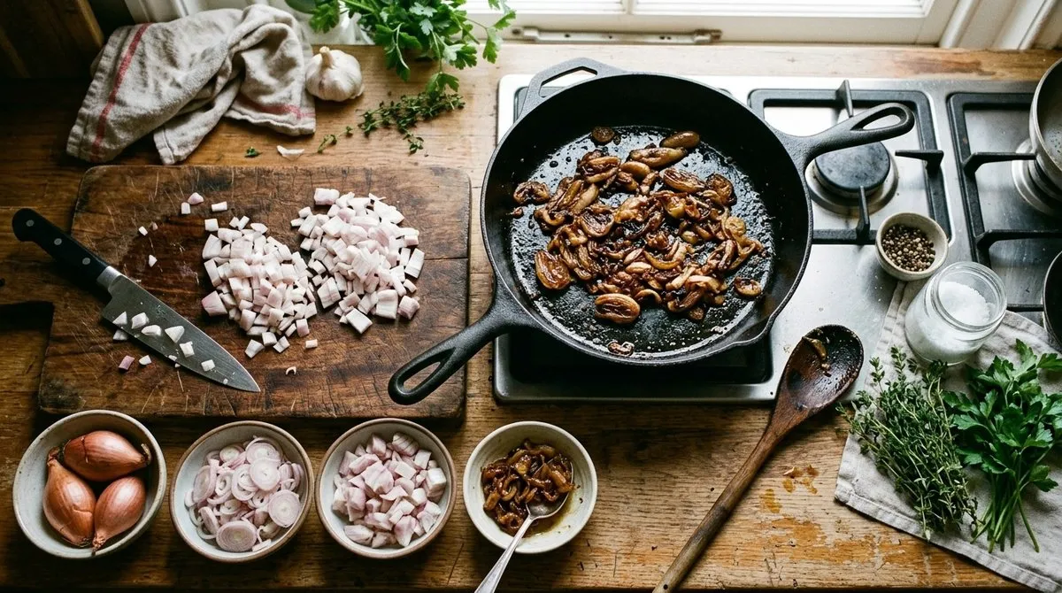 Preparaciones culinarias con chalotas: picadas, caramelizadas y en salsas sobre tabla
