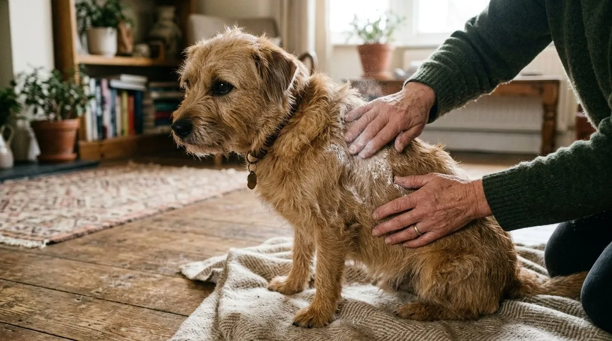 Tratamiento natural con tierra de diatomeas en mascota - aplicación segura de polvo orgánico para desparasitación externa en perros Aplicación segura de tierra de diatomeas en perro para control natural de parásitos externos