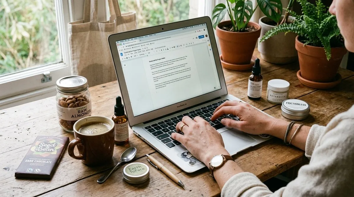 Usuario navegando tienda online eco-friendly con sistema de puntos y productos sostenibles