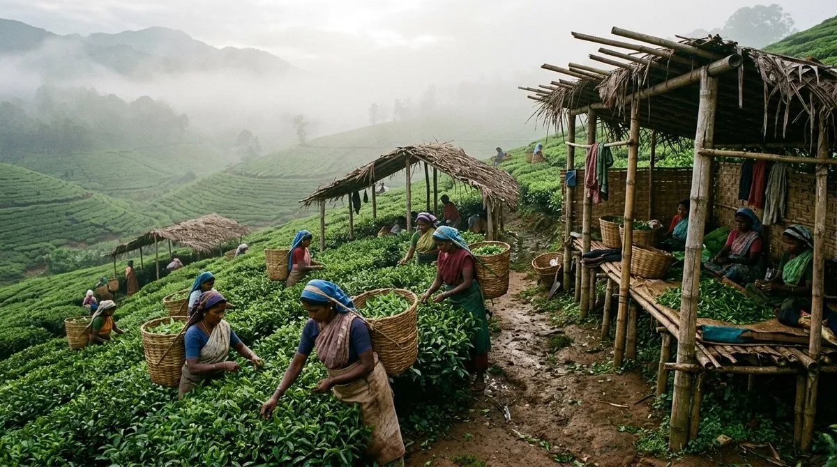 Cultivo tradicional de té matcha en Japón usando método tana con estructuras de bambú y recolección artesanal de hojas tiernas Plantación de té japonesa tradicional con cultivo bajo sombra y recolección manual de hojas