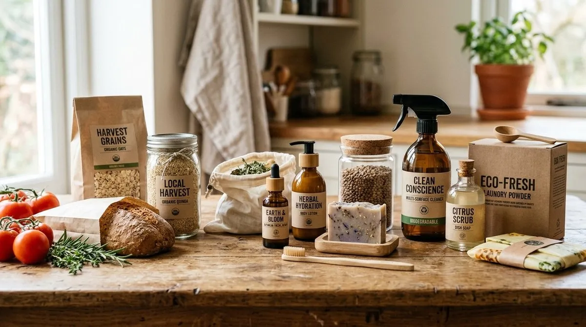 Productos eco-certificados con sellos Ecocert, FSC y CAAE mostrando certificaciones sostenibles