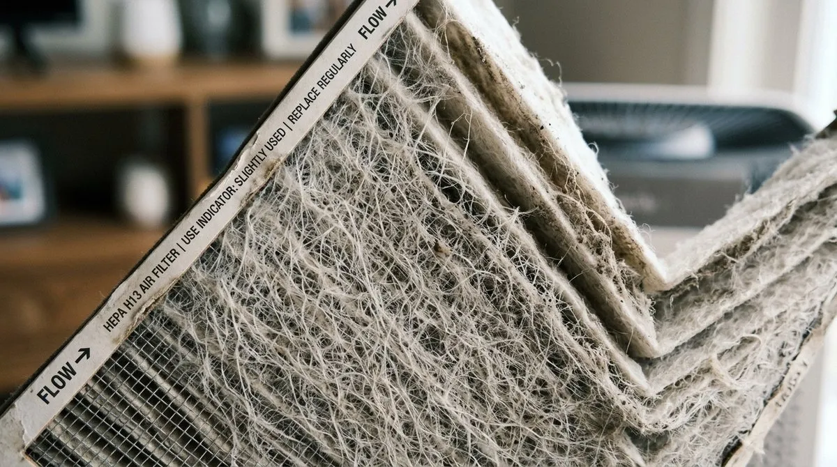 Filtro HEPA macro mostrando estructura fibrosa y partículas atrapadas