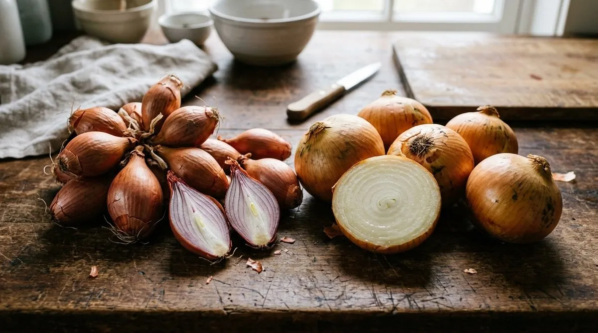 Comparación visual chalotas vs cebollas comunes sobre superficie de madera natural