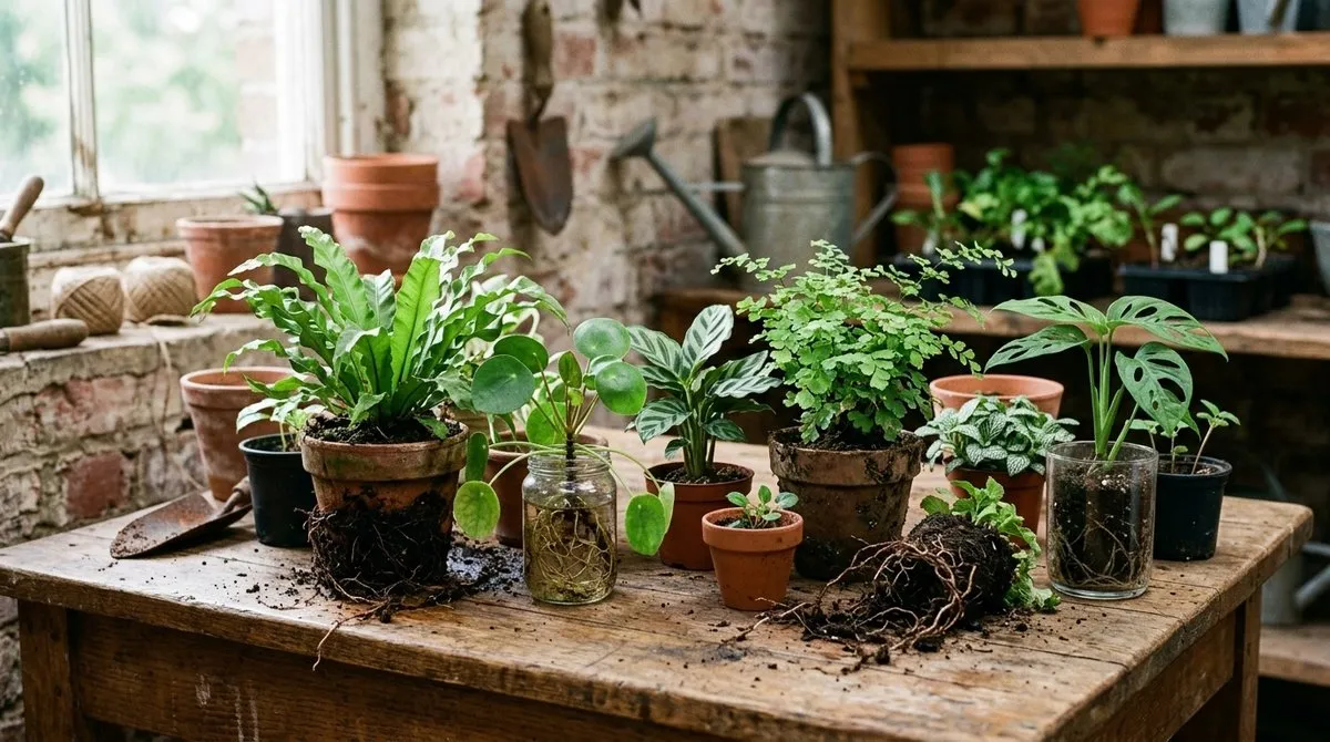 Selección de plantas perfectas para hacer kokedama - Helechos, fittonia, peperomia y orquídeas pequeñas Plantas ideales para kokedama: helechos, fittonia y peperomia sobre mesa rústica