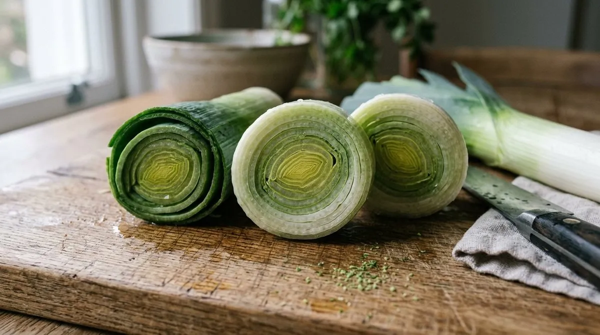 Sección transversal de puerro revelando estructura interna en capas - Vista detallada del perfil nutricional de esta verdura tradicional Corte transversal de puerro mostrando capas internas y textura natural