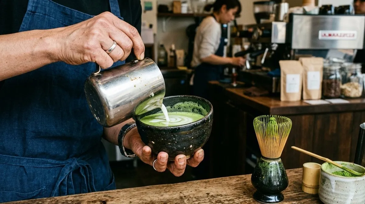 Preparación moderna de matcha latte con arte en espuma combinando técnicas contemporáneas con utensilios tradicionales como chasen de bambú Barista preparando matcha latte moderno junto a herramientas tradicionales japonesas de té
