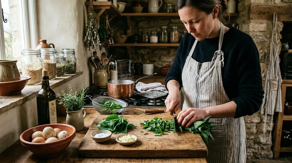 Preparación culinaria de ortiga fresca en tabla de cortar con ingredientes tradicionales para cocina saludable Hojas frescas de ortiga preparándose para cocinar en cocina rústica