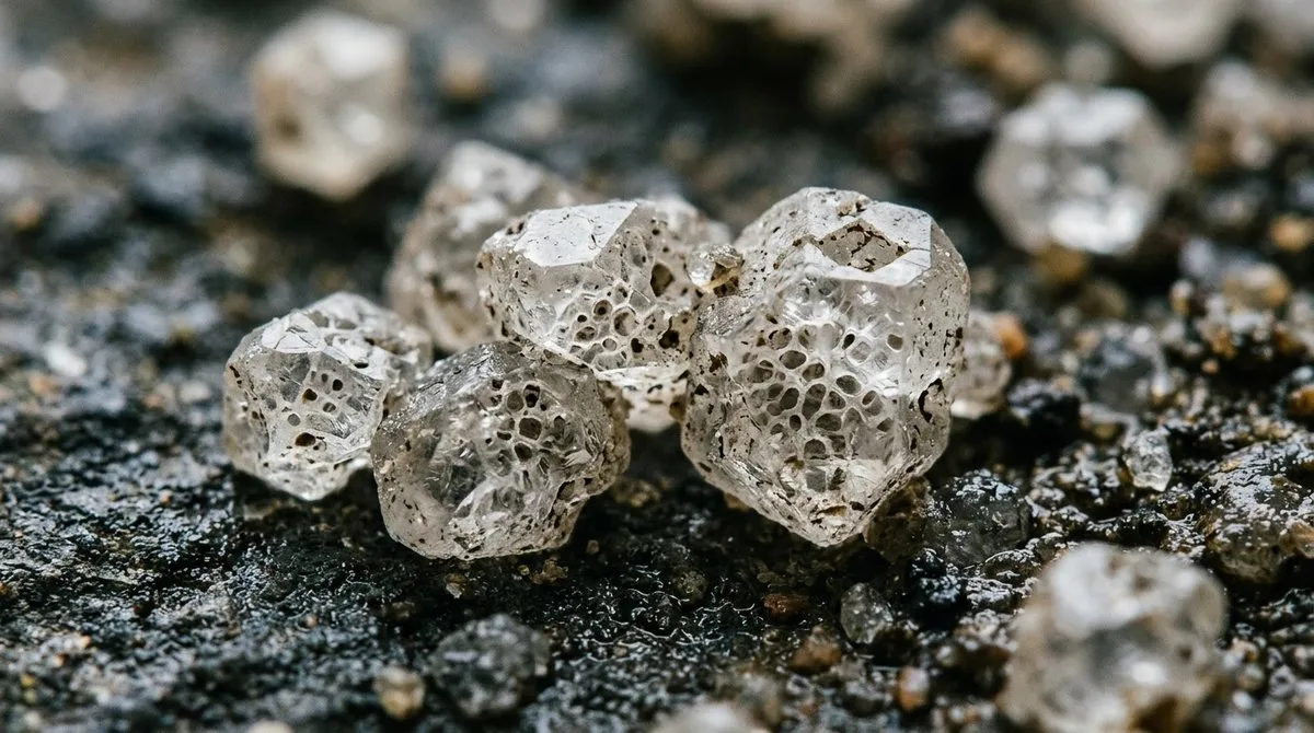 Vista microscópica de esqueletos de diatomeas fosilizadas mostrando patrones geométricos y fragmentos cristalinos que actúan como insecticida natural Diatomeas microscópicas fosilizadas con estructura geométrica y bordes cristalinos afilados