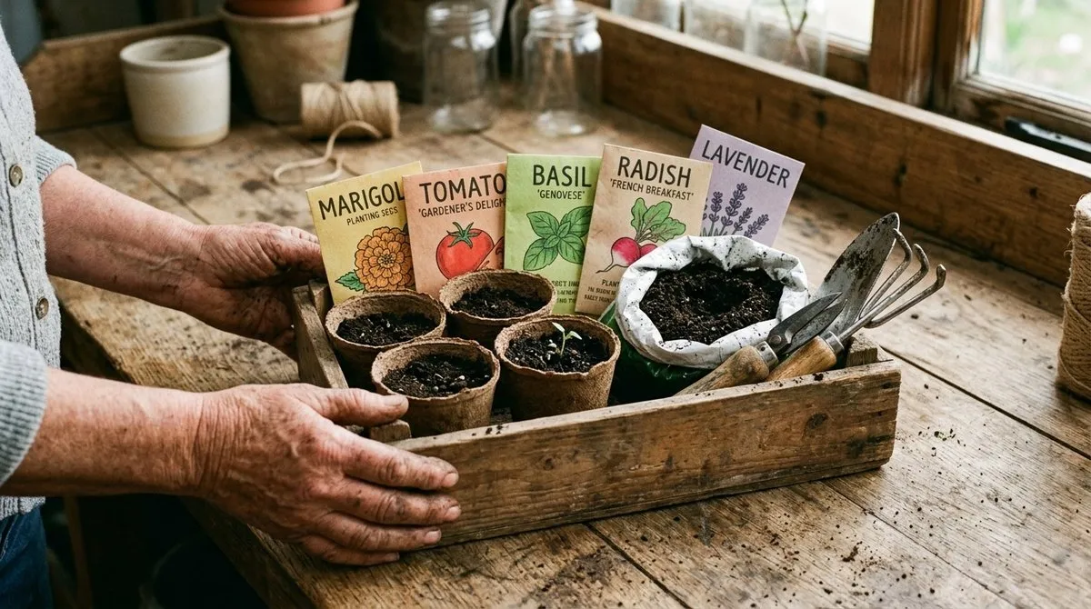 Kit de jardinería urbana con semillas orgánicas, macetas biodegradables y herramientas naturales