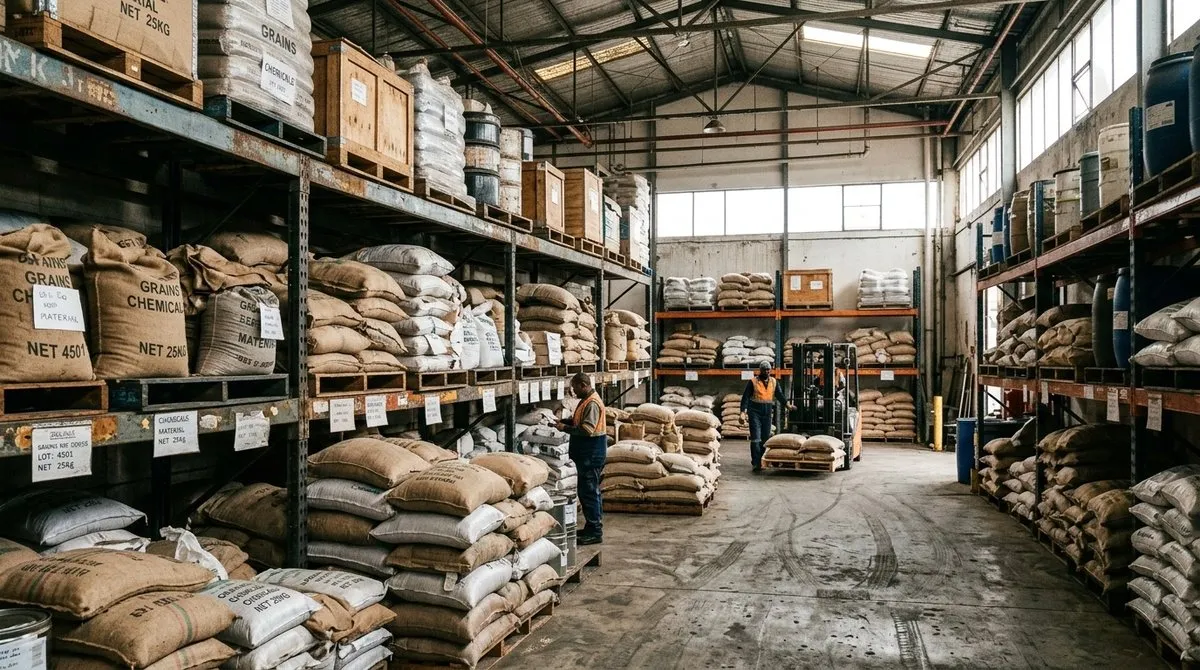 Almacén de distribuidores españoles mostrando diferentes presentaciones y envases de tierra de diatomeas para uso comercial e industrial Proveedores españoles de tierra de diatomeas - sacos industriales y envases comerciales