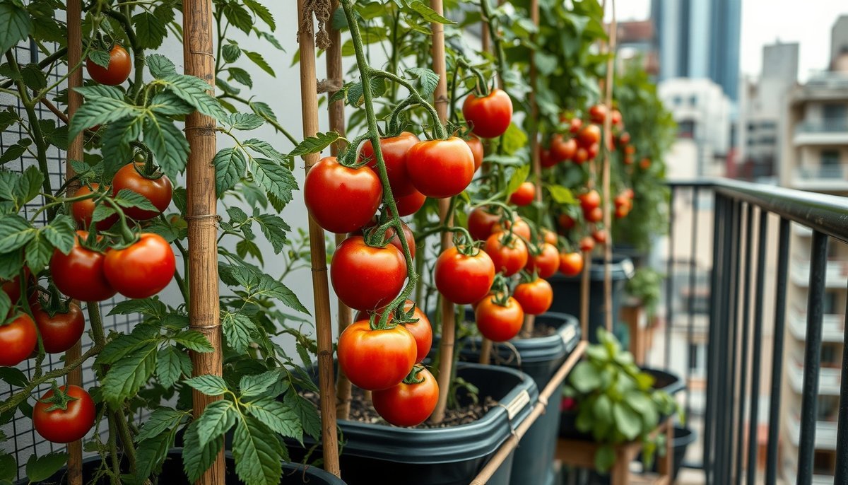 Jardín urbano en terraza mostrando el éxito del cultivo de tomates con diferentes sistemas de soporte y tutorado Cómo prevenir el contagio entre cosechas