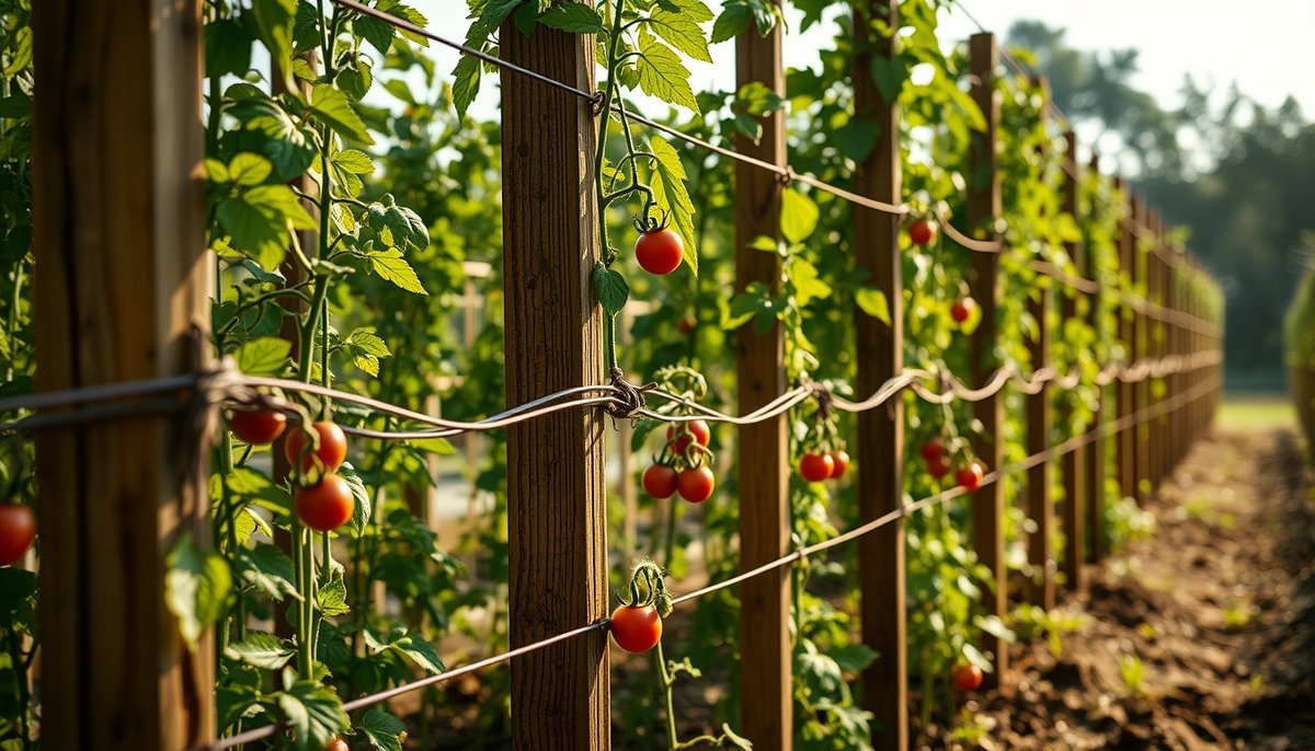 Estructura de espaldera organizada con postes y alambres horizontales para soporte óptimo de plantas de tomate Tutores para tomates: clave para cosechas sanas y abundantes 3