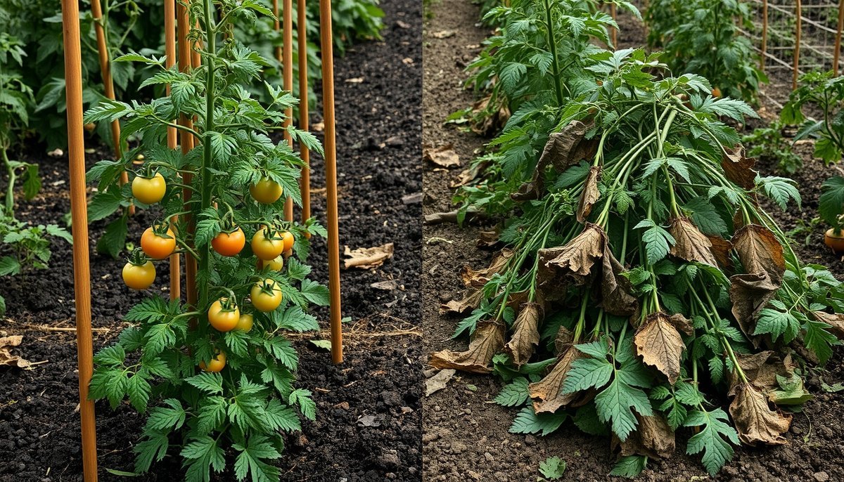 Contraste visual entre plantas de tomate con tutores sanos versus plantas sin soporte con frutos dañados Tutores para tomates: clave para cosechas sanas y abundantes 1