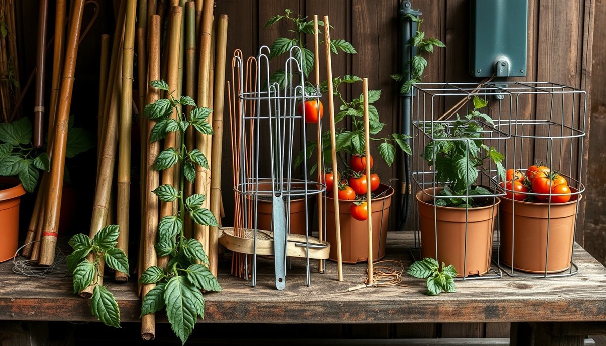 Variedad de soportes para plantas de tomate incluyendo cañas de bambú, estacas metálicas y sistemas de jaulas Tutores para tomates: clave para cosechas sanas y abundantes 2