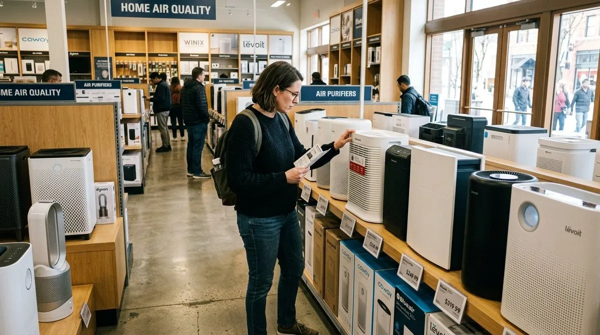Persona comparando modelos de purificadores de aire en tienda especializada