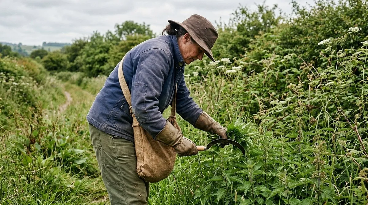 Técnica responsable de cosecha de ortiga en hábitat natural manteniendo prácticas de recolección sostenible Recolección sostenible de ortiga con herramientas y ropa protectora