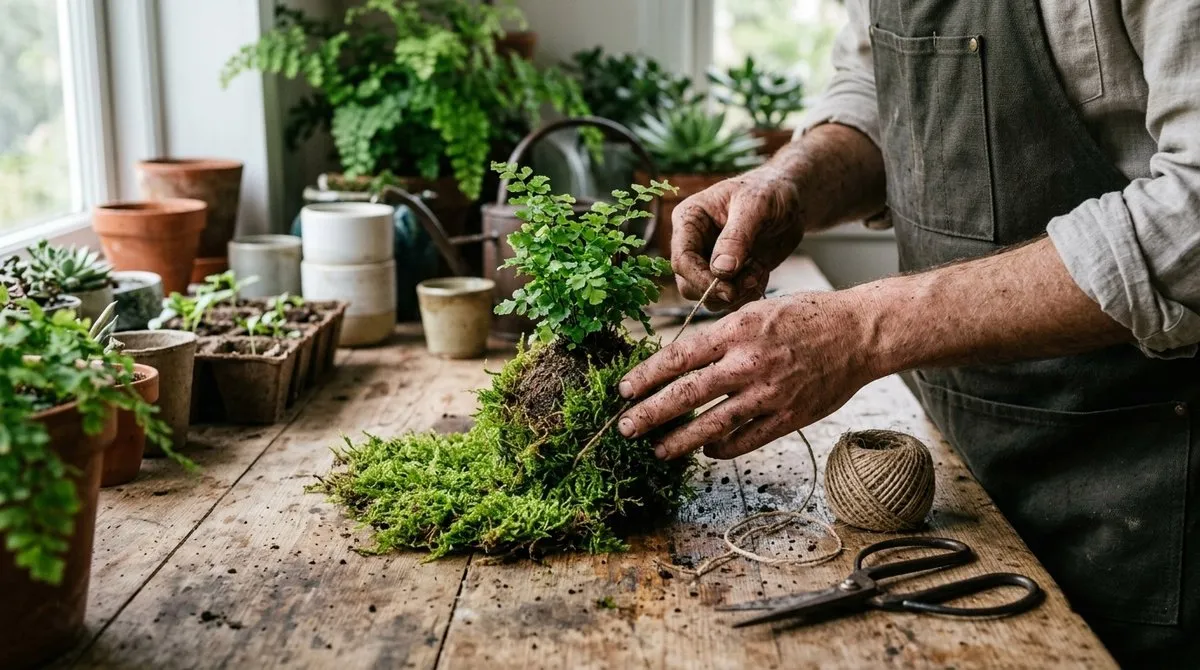 Cómo hacer kokedama paso a paso - Técnica de envolvimiento con musgo sphagnum y cuerda de cáñamo Tutorial paso a paso creando kokedama envolviendo musgo alrededor de planta