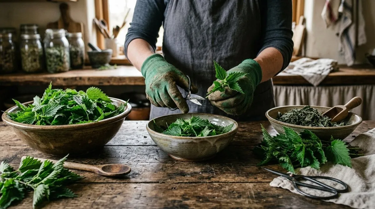 Proceso de preparación tradicional de ortiga medicinal con hojas frescas y secas para aplicaciones terapéuticas Preparación de hojas de ortiga para uso medicinal con guantes protectores