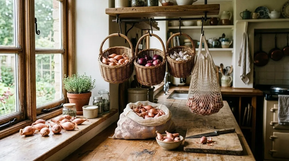 Métodos correctos almacenamiento chalotas en cestas colgantes y bolsas de malla