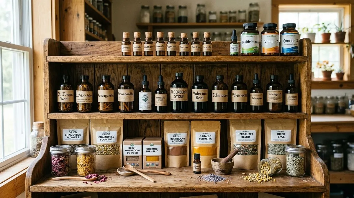 Estantería organizada con variedad de productos naturales, suplementos y aceites esenciales