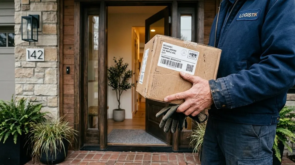 Entrega a domicilio de productos naturales con paquete ecológico en puerta de casa